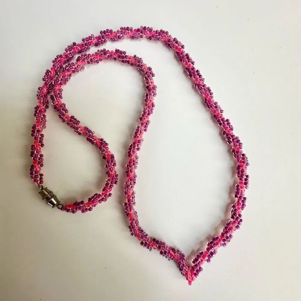 Pink and purple beaded V necklace